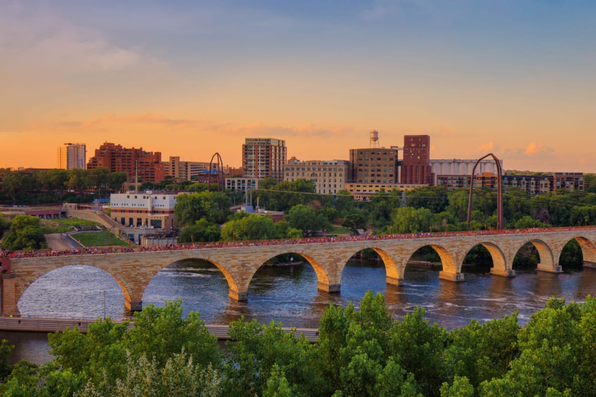 Sunset over the Stone Arch Bridge in Minneapolis