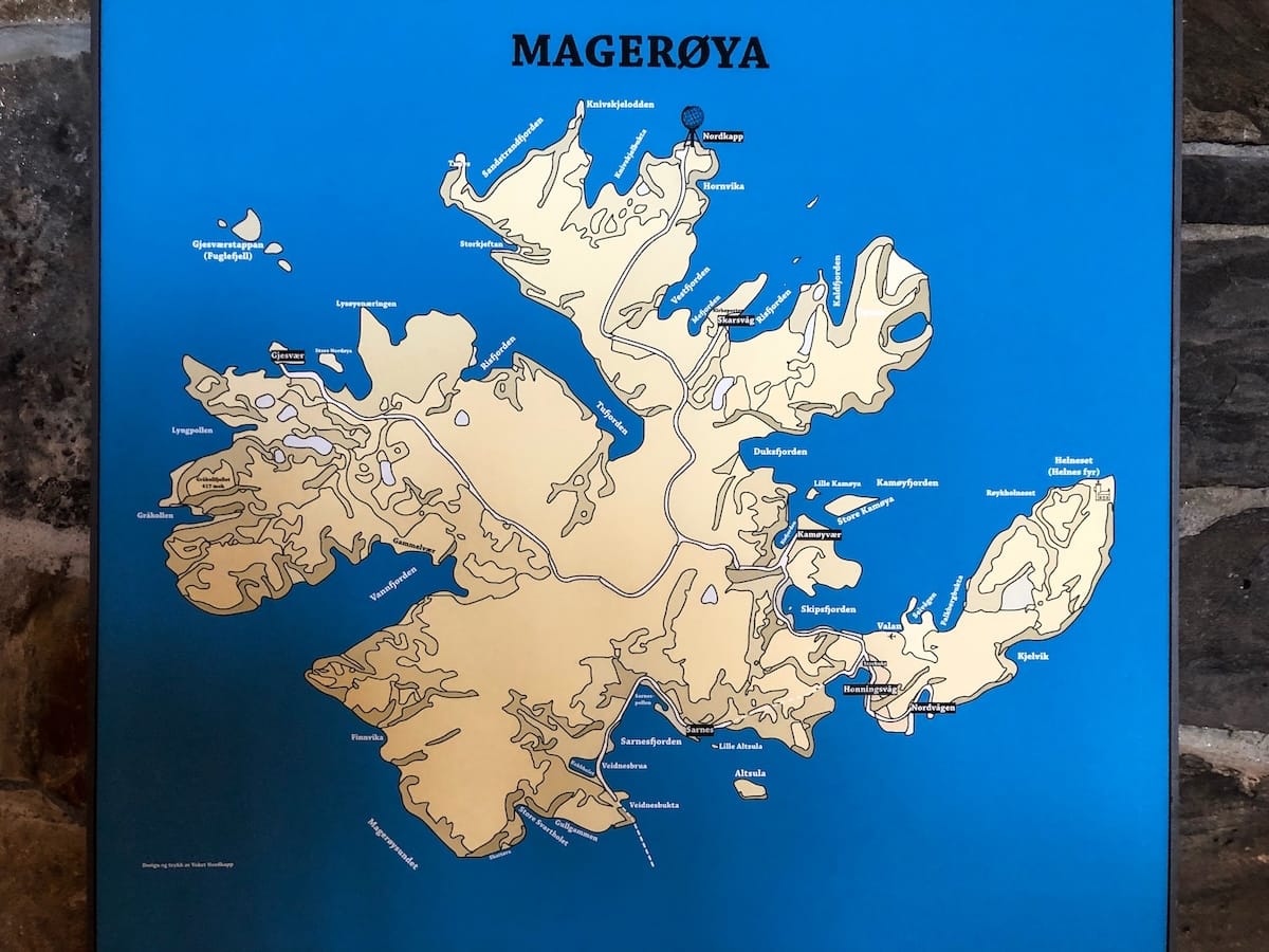 Map of Magerøya, an island at the top of Norway that is home to Honningsvåg and North Cape. This photo was taken at the North Cape Visitor's Center.