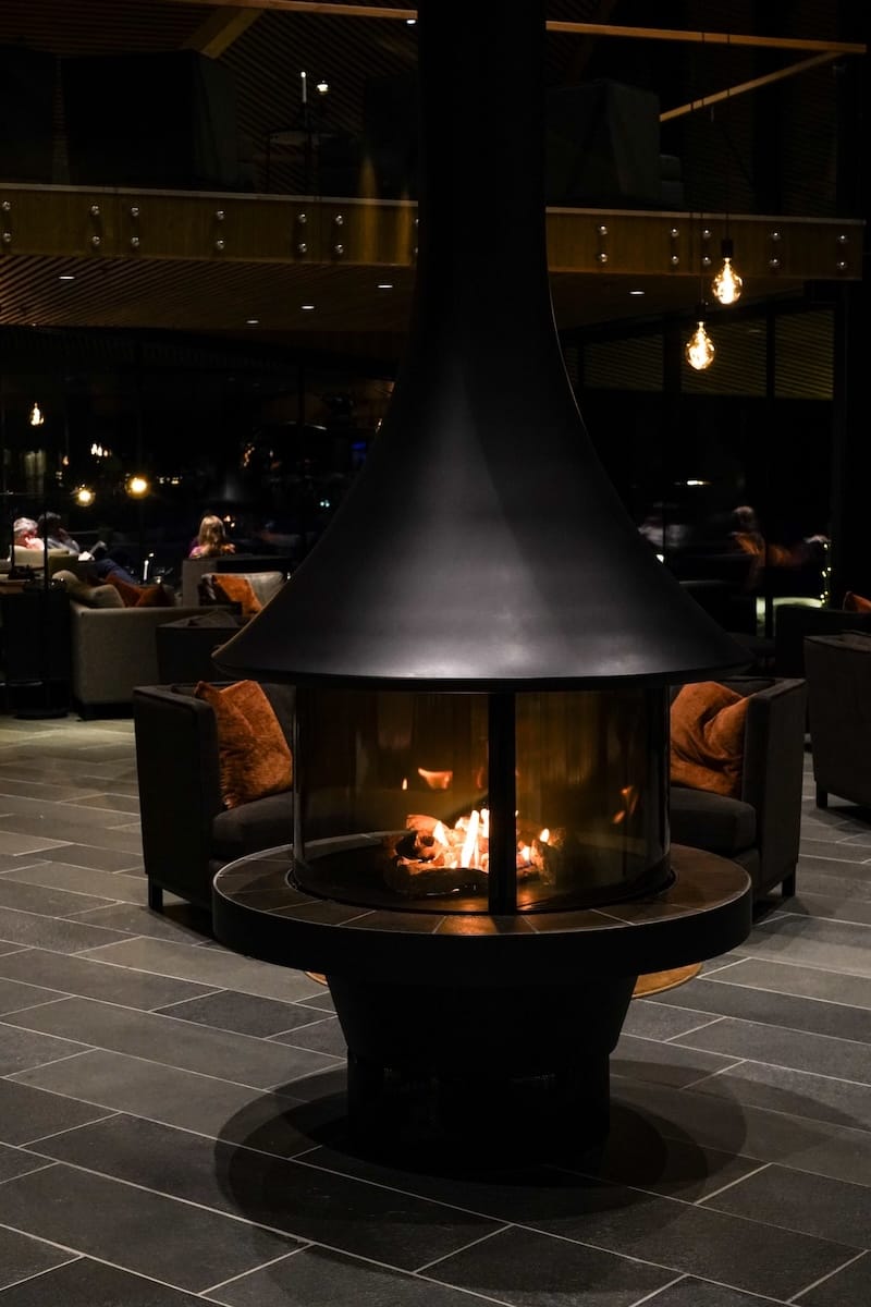 Cozy fire inside Sorrisniva's lobby