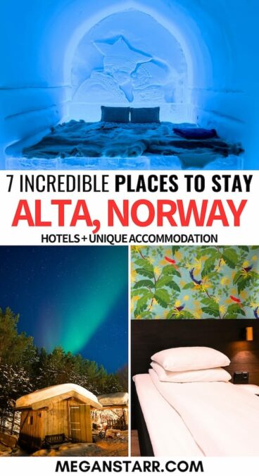 This guide covers where to stay in Alta, Norway - including unique accommodation (like an ice hotel and husky lodge!) and some of the best Alta hotels. Learn more! Hotels in Alta, Norway | Alta northern lights hotel | Alta husky hotel | Places to stay in Alta | Budget hotels in Alta, Norway | Honeymoon in Alta | Sorrisniva | Ice hotel in Alta | Igloo hotel in Alta | Camping in Alta | Glamping in Alta