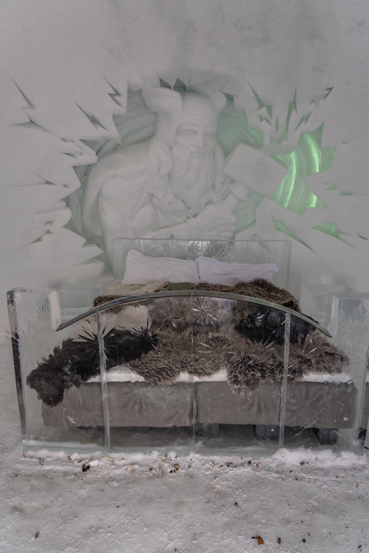 A bed from the Tromsø Ice Domes in 2025 (showing the snow park's history)