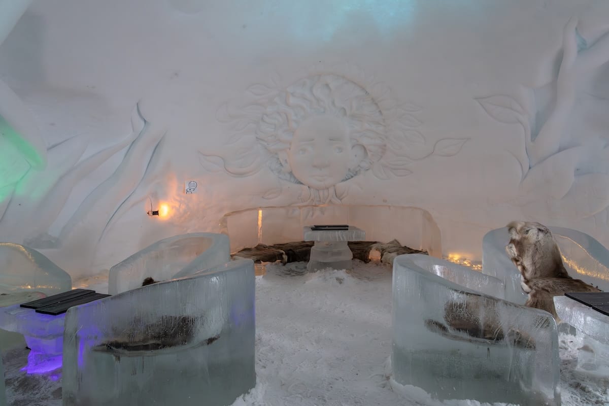 Snowman World:

this is a photo inside Snowman World ice complex and you'll see benches made from ice