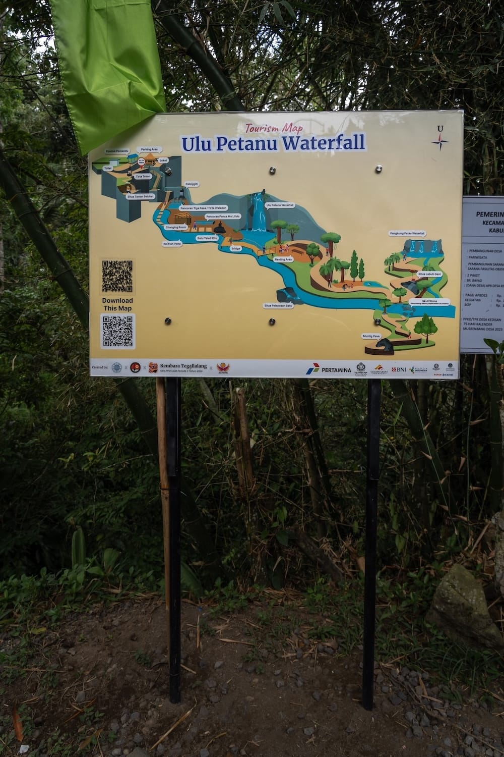 A sign that shows Ulu Petanu waterfall and the complex. 