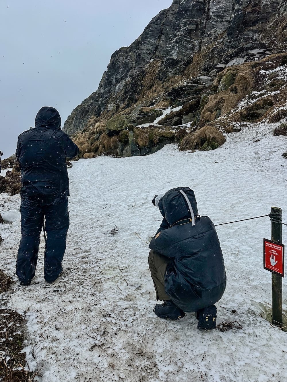 Photographers in snow with long lenses on Hornøya in Vardø, Norway