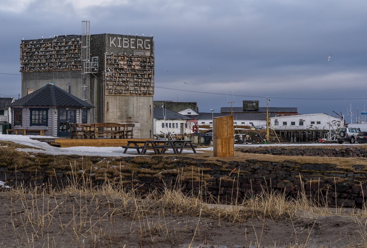 This is Kiberg - a small town by Vardø and this is the kittiwake hotel - a concrete structure with wooden blocks on it and kittiwake pairs inside each of them. It is on a harbor on the Barents Sea.