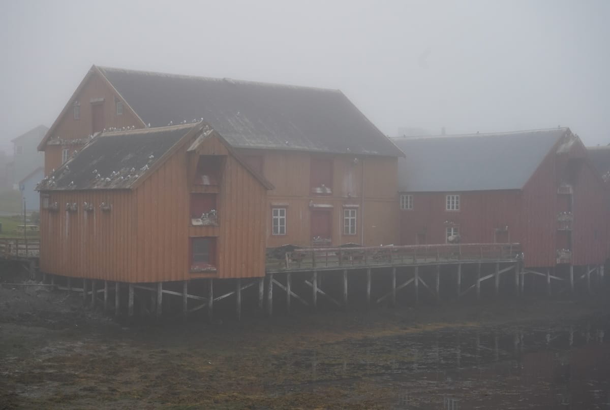 A yellow building with red doors and shutters engulfed in a heavy fog in Vardø, Norway