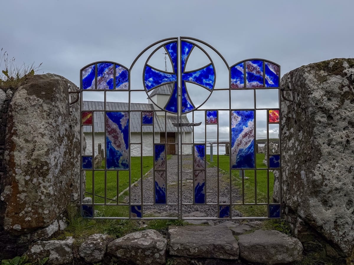a stained glass entrance to a church in the faroe islands