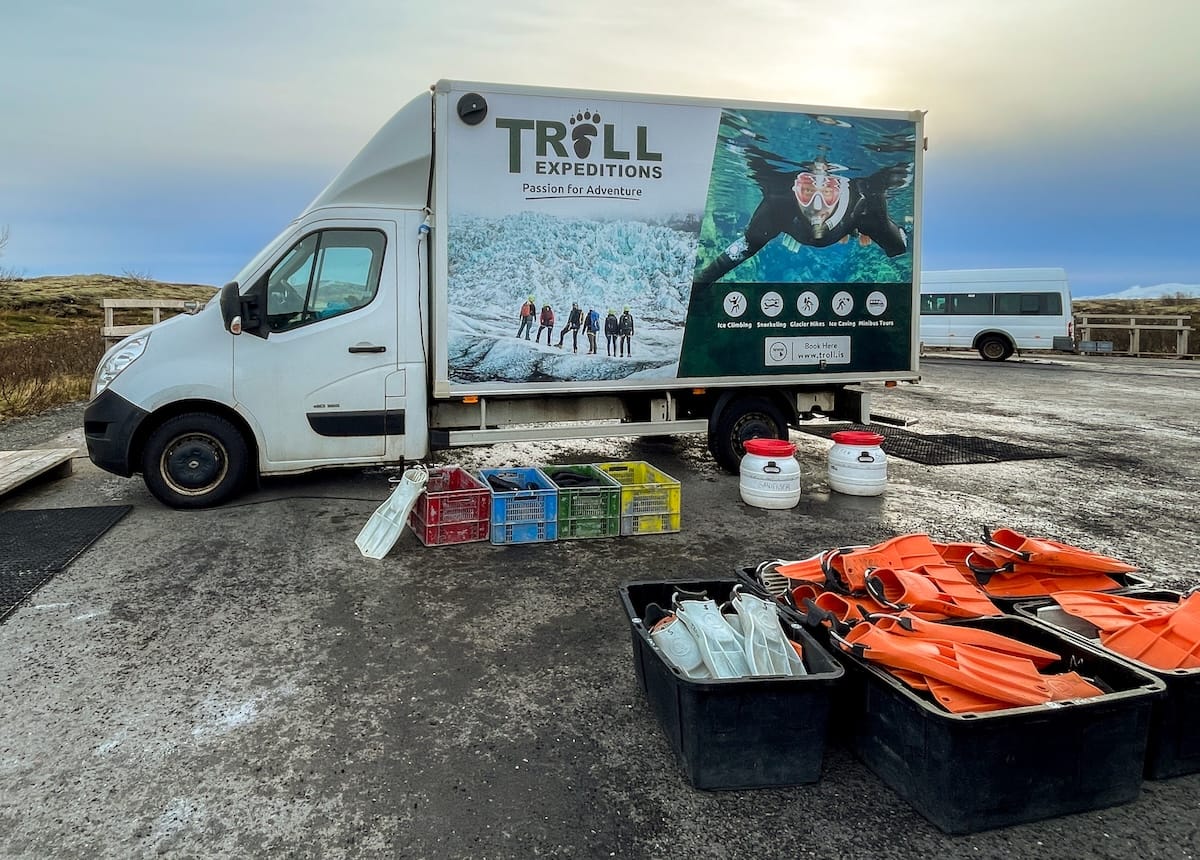 Tröll Expeditions Snorkeling Tour in Iceland

This is a photo of a Tröll Expeditions tour company truck with a bunch of gear like flippers in front of it.