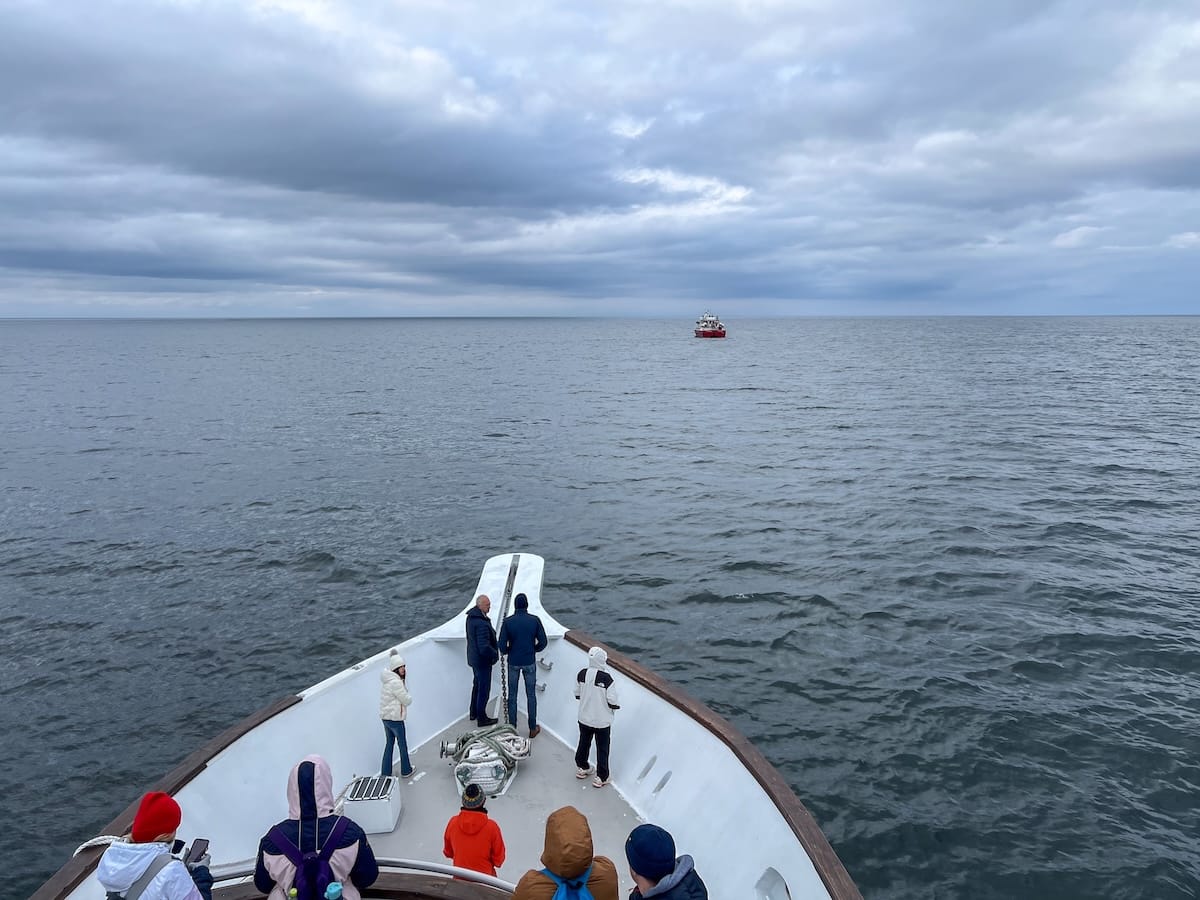Whale watching during May in Iceland
This is a white boat going through the fjords along the coast of Reykjavik with people in the front of it.