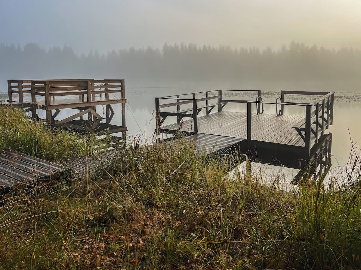 The dock on the lake the following morning in the fog