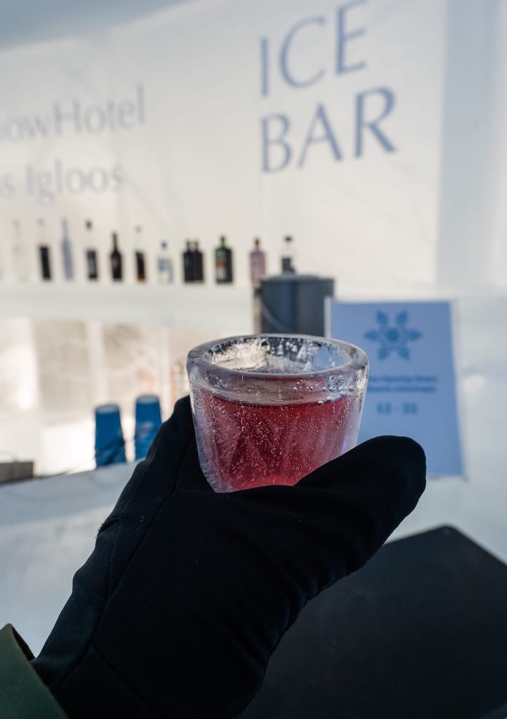 Visiting the Arctic SnowHotel in Rovaniemi
______

A woman with a black glove holding an ice shot that is red in her hand in an ice bar.