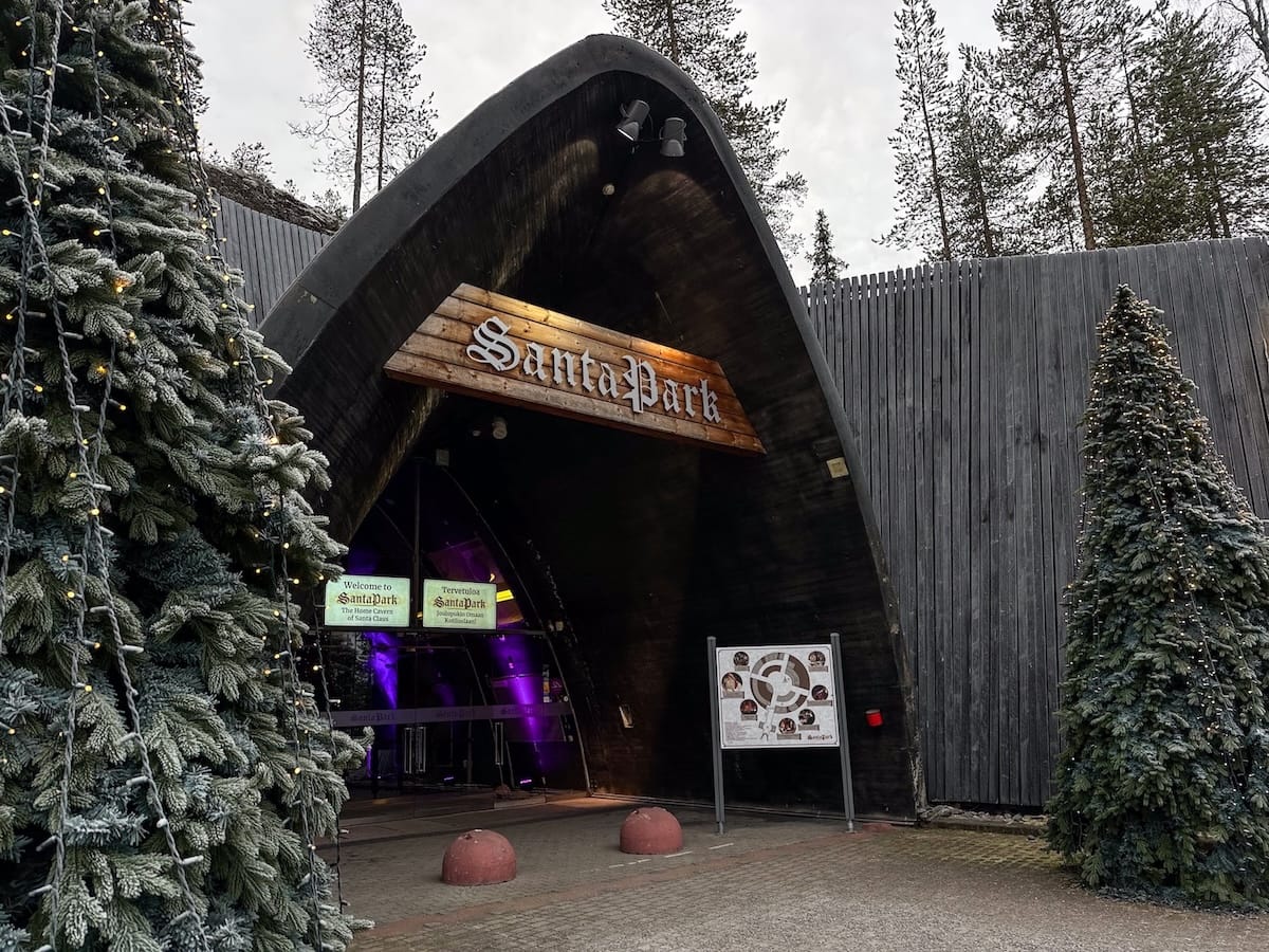 a photo outside the main entrance at SantaPark in Rovaniemi