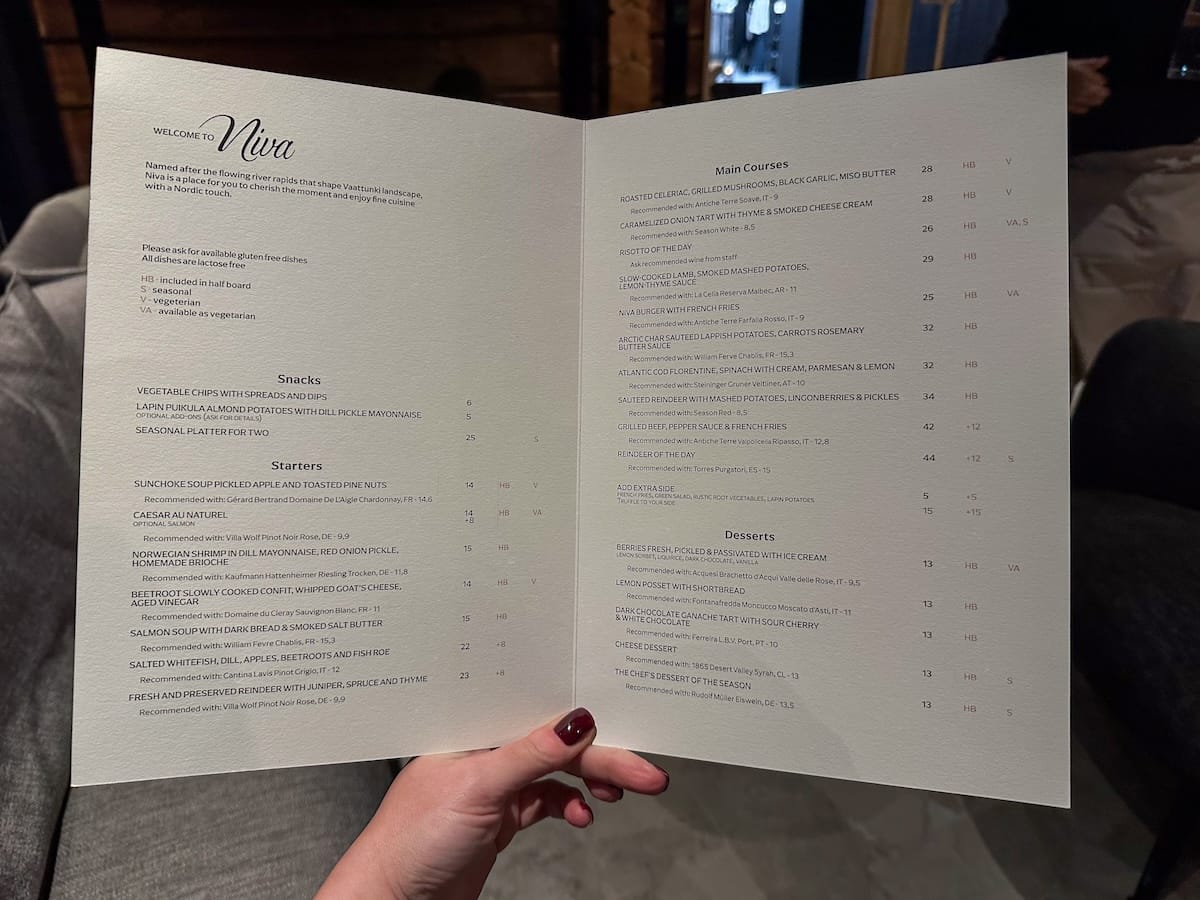 Menu at Vaattunki when I visited (most items were included on half-board)