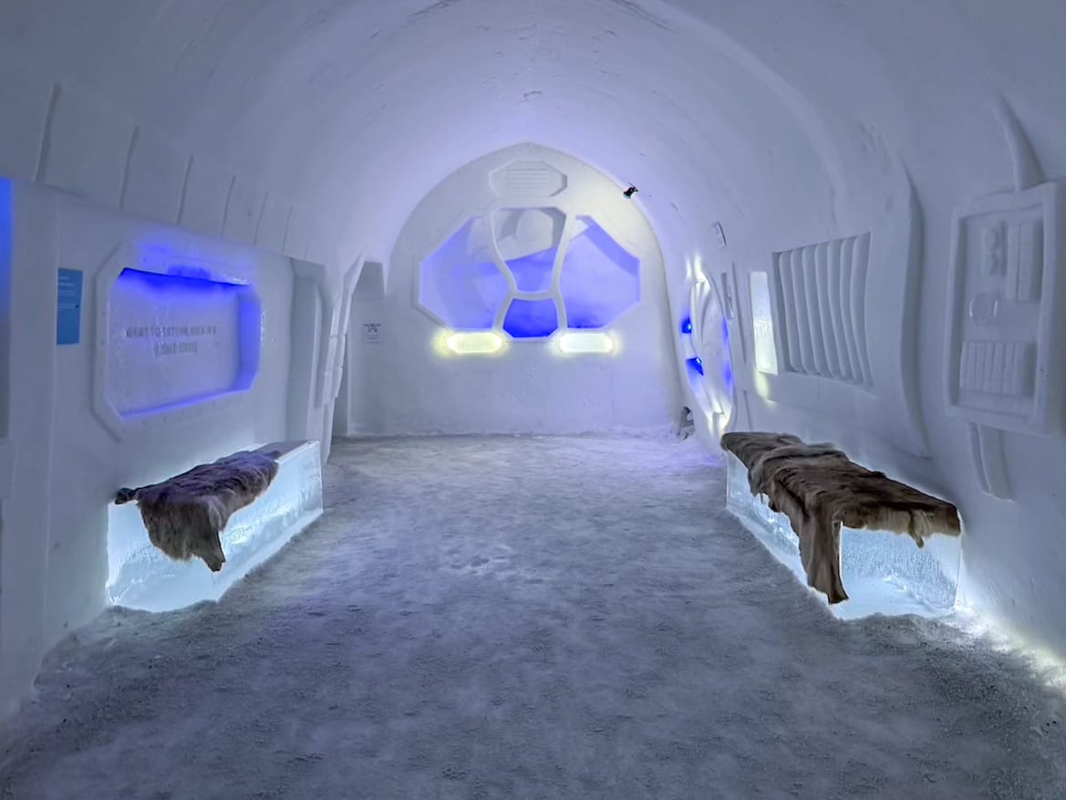 An open room made from ice with designs on the wall