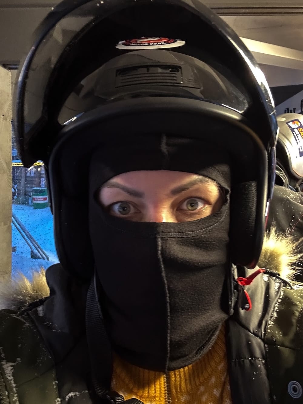 Ice karting in Rovaniemi | Santa's Motor Park
Me dressed in a balaclava with a helmet on before ice karting.