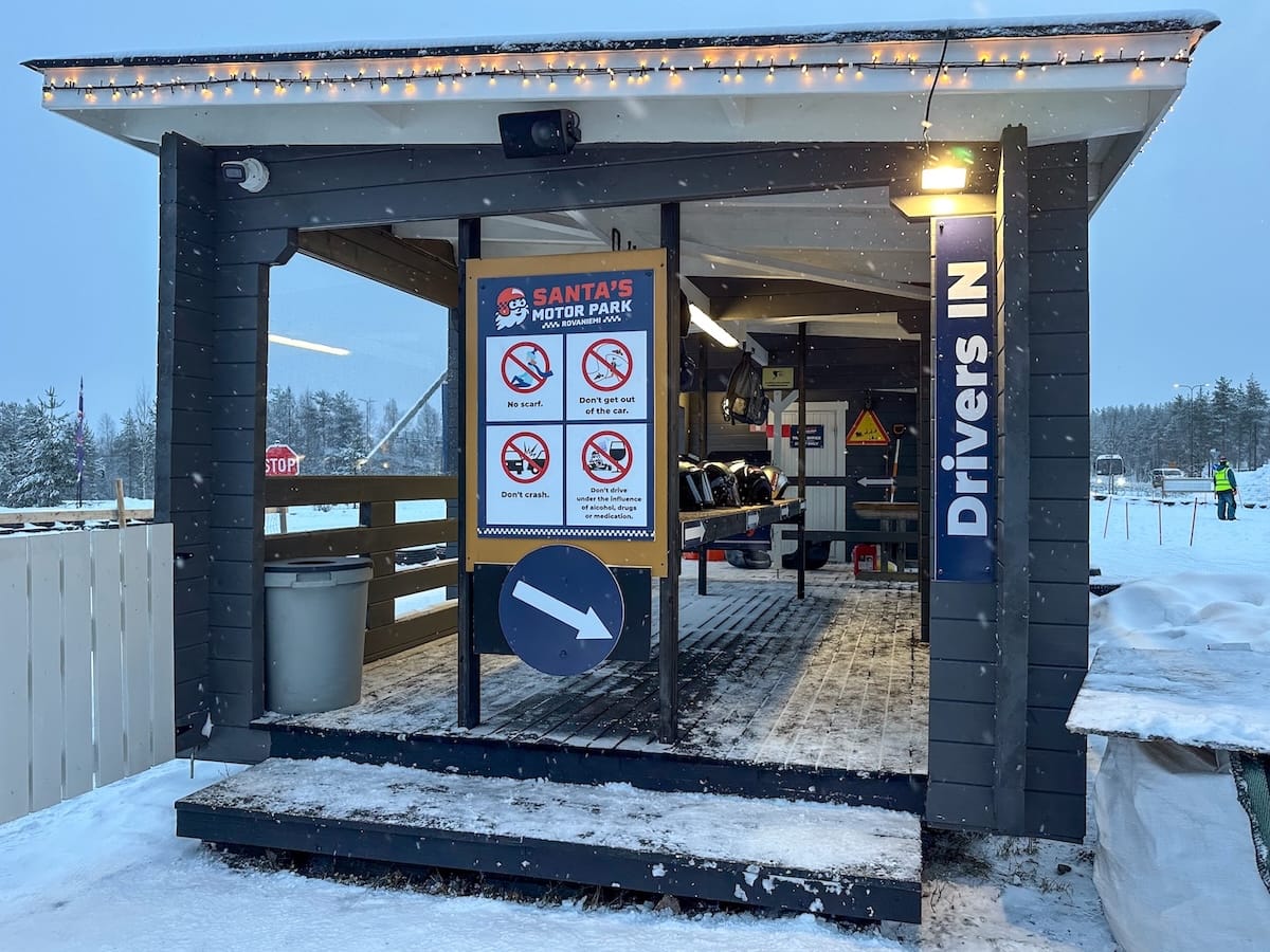 Ice karting in Rovaniemi | Santa's Motor Park
A picture of a wooden shelter where you'll enter the racetrack.