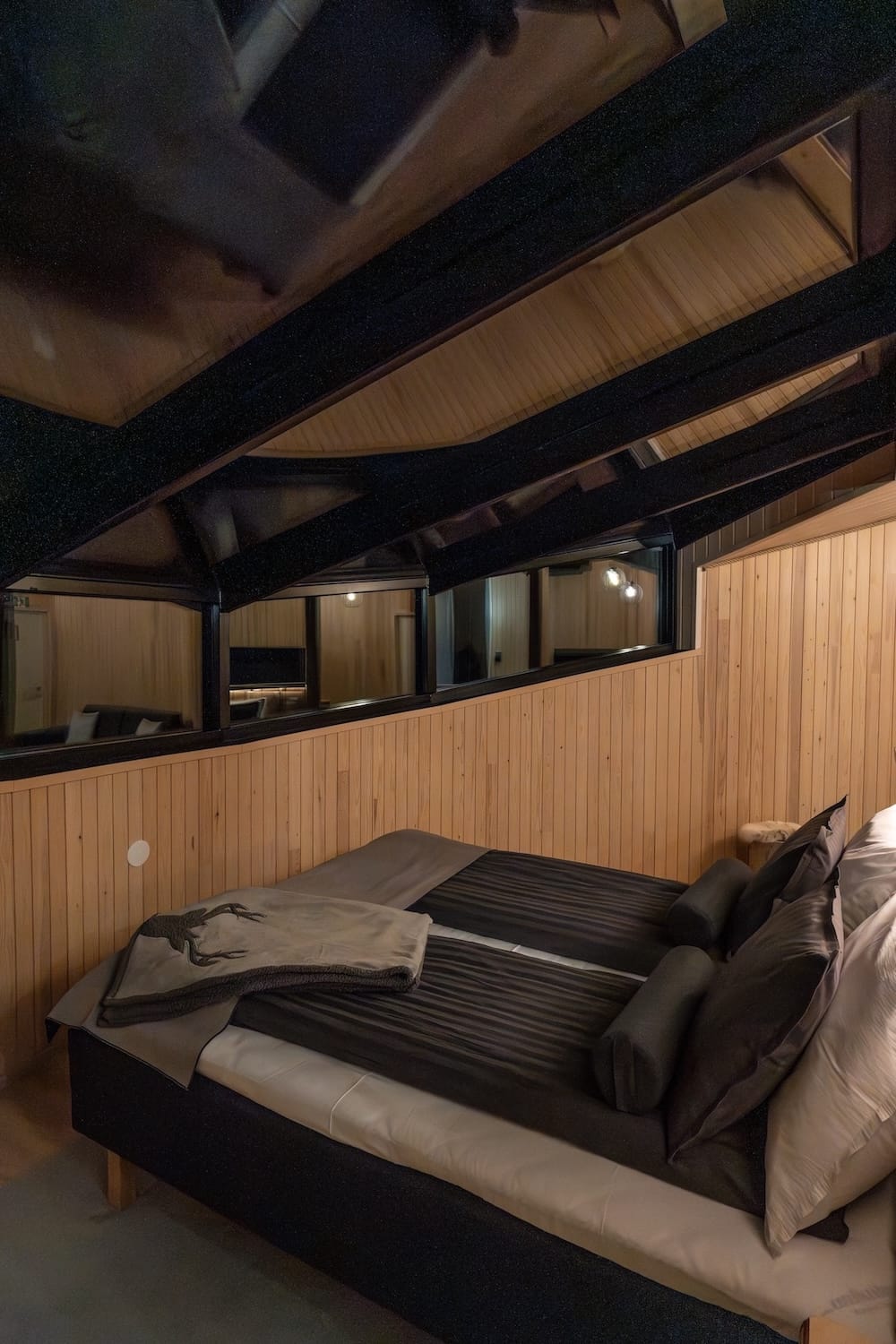 Livo Arctic Resort
_____
A photo of a bed facing north with glass ceilings at a hotel