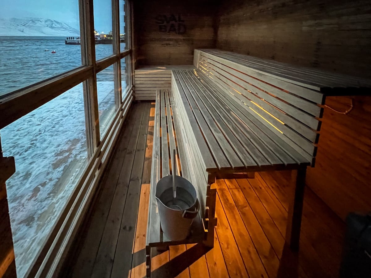 Visiting Svalbad Sauna in Svalbard
____
inside a wooden sauna on the sea