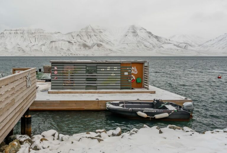 Visiting Svalbad Sauna in Svalbard ____ a wooden sauna floating in the sea around Svalbard