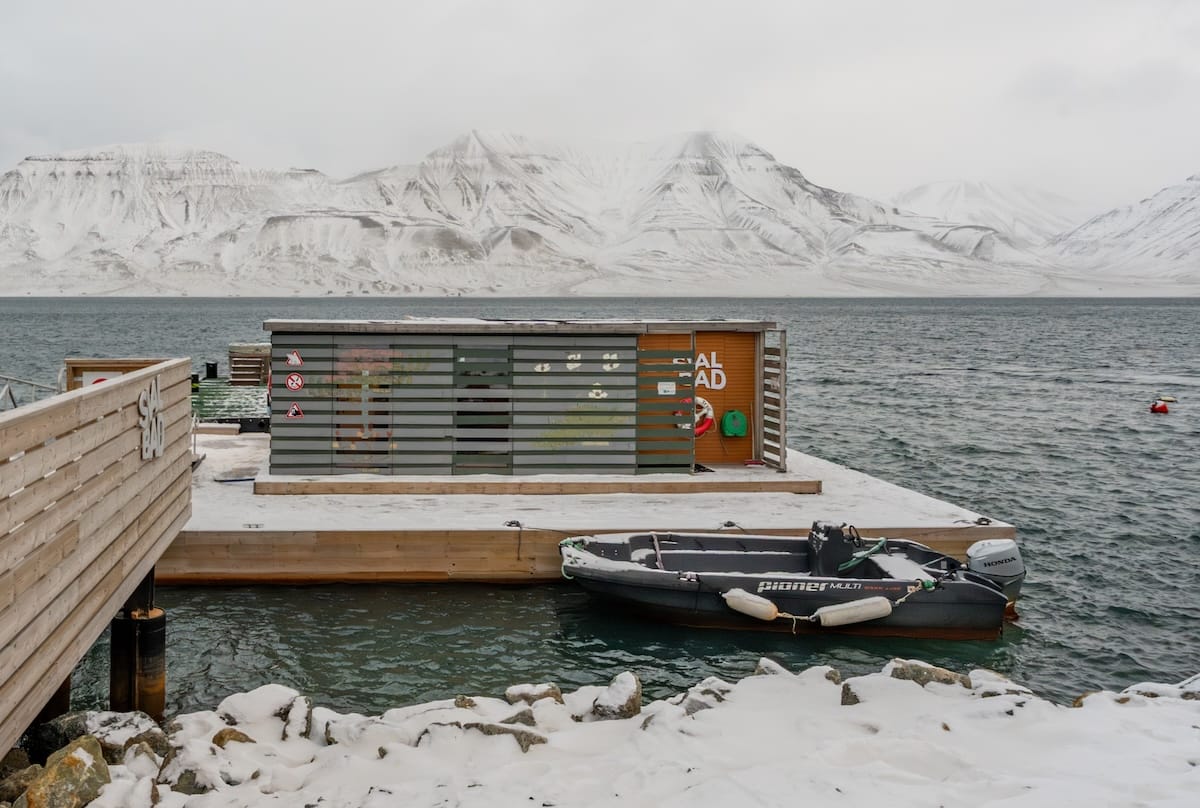 Visiting Svalbad Sauna in Svalbard
____
a wooden sauna floating in the sea around Svalbard