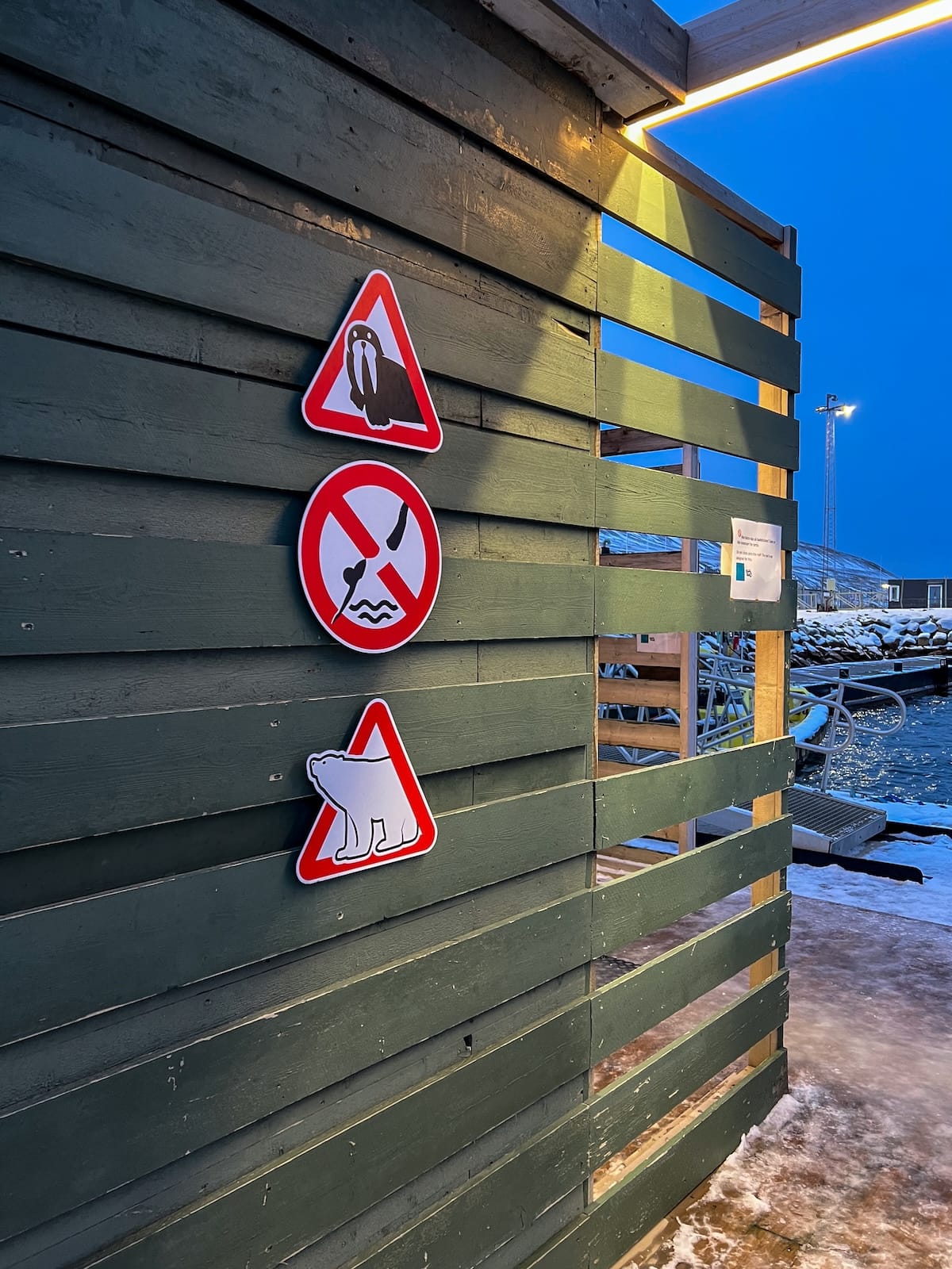 Visiting Svalbad Sauna in Svalbard
____
a wooden green building wall with three signs (one is a walrus, one a polar bear, and one is a no diving photo