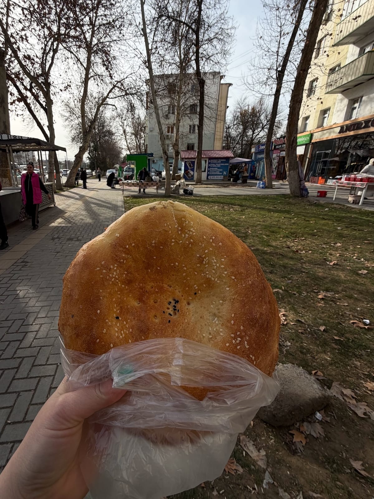 a woman holding an uzbek bread in her hand in a bag in uzbekistan