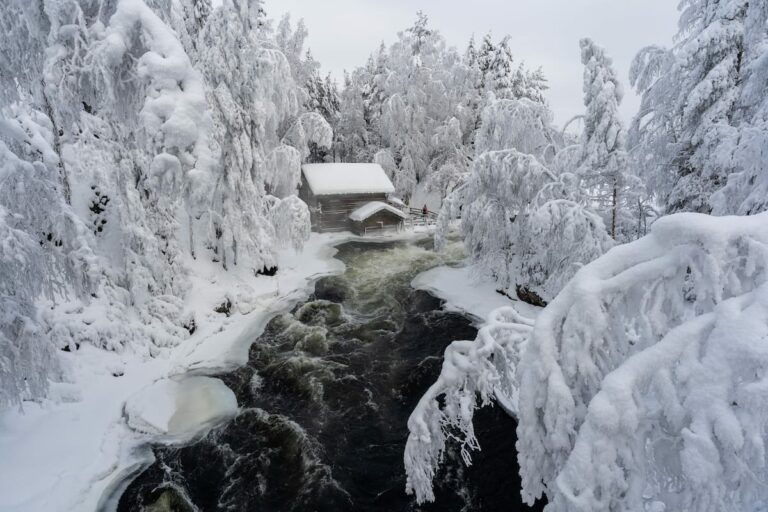 An old wooden mill building on river rapids