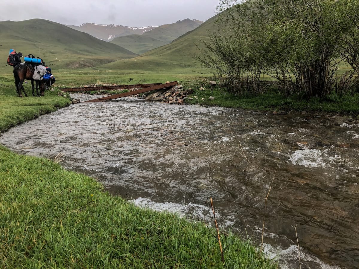 a stream in the mountains with a horse