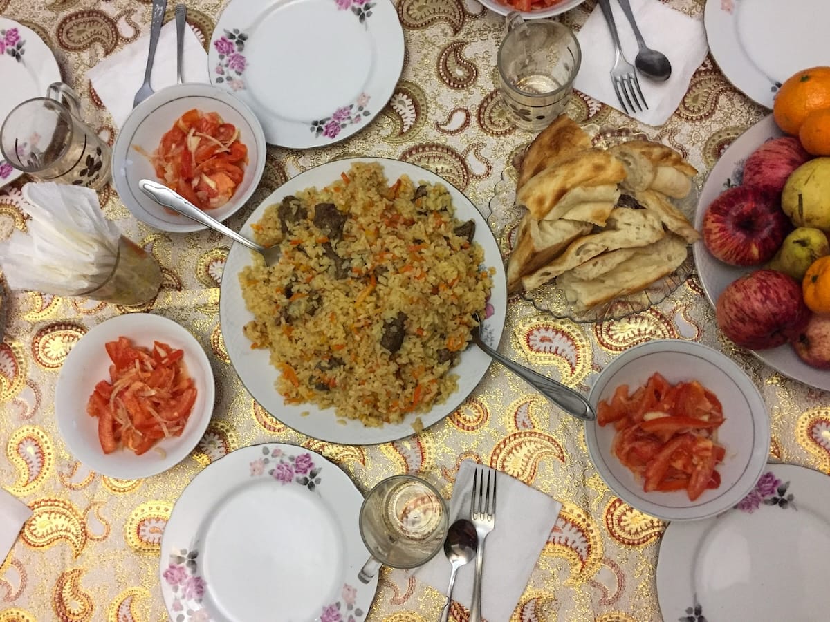 rice pilaf and other foods on a table