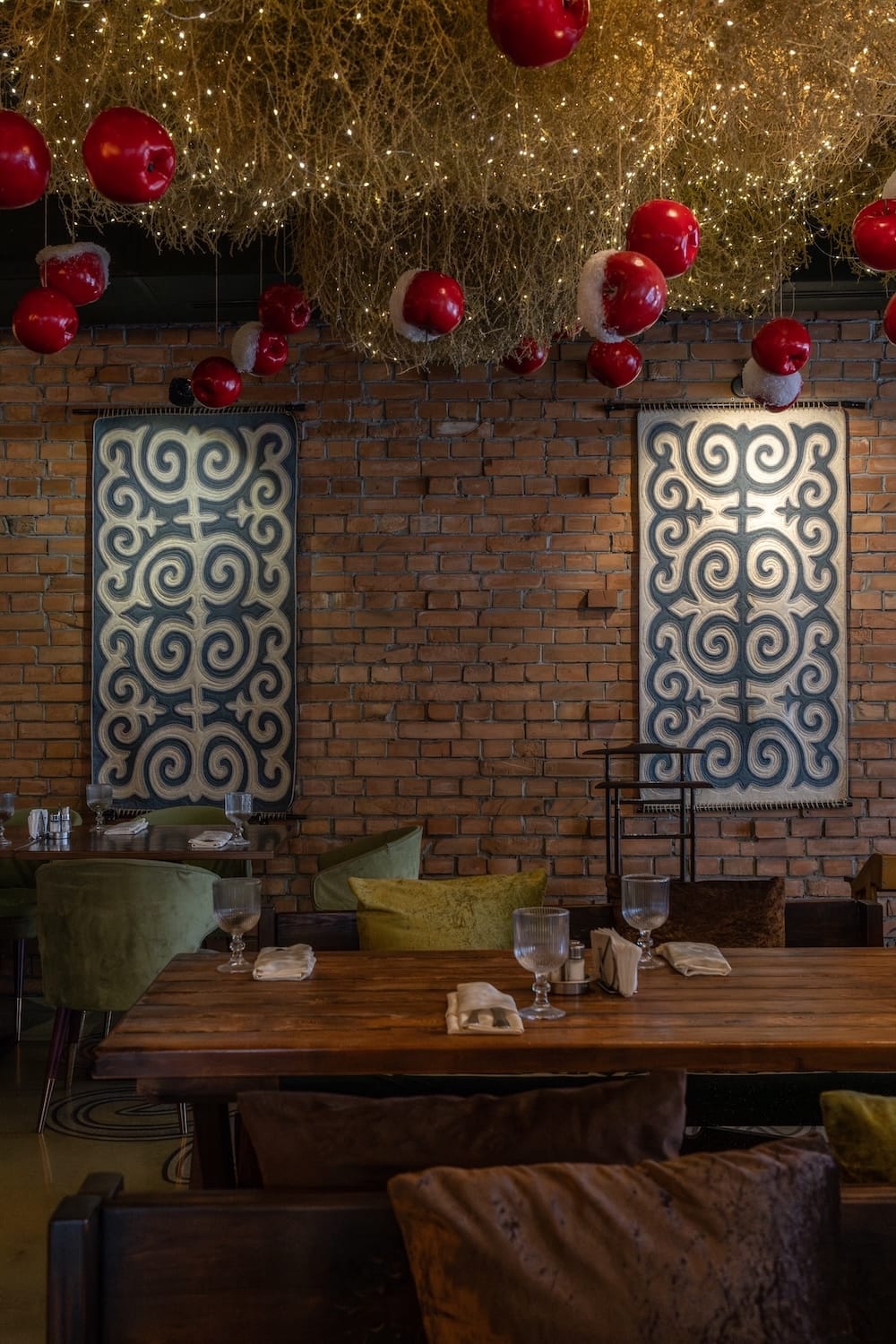 A table with some colorful motifs inside a restaurant