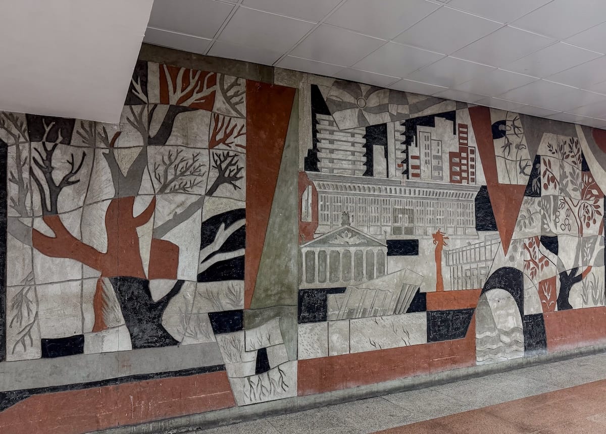 an sgraffito art work at Manas Airport