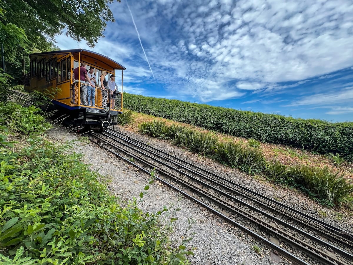 a funicular going up a vineyard