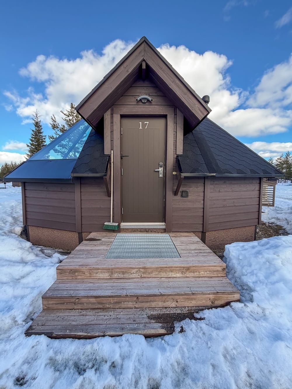 A glass igloo cabin from the front