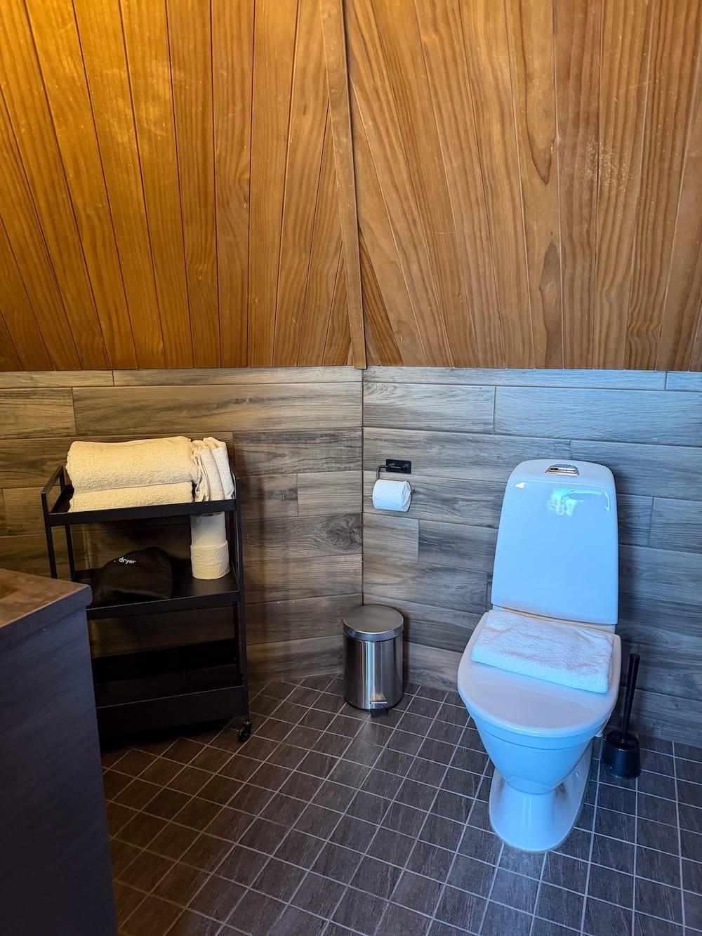 a toilet and bathroom inside a cabin