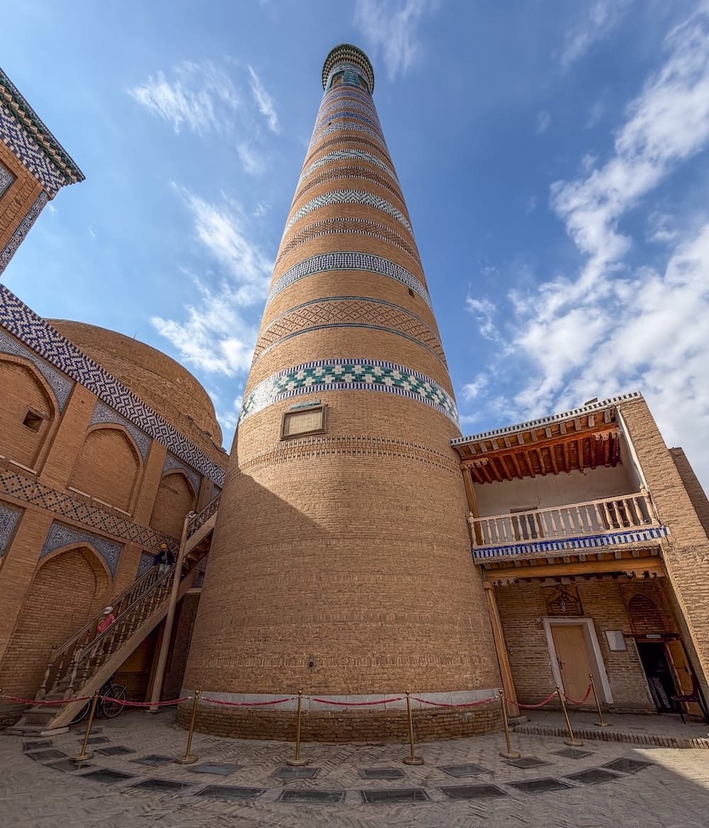 a close up view of a tall minaret