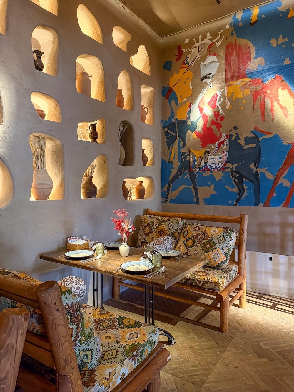 a traditional but modern decor in uzbek restaurant in khiva