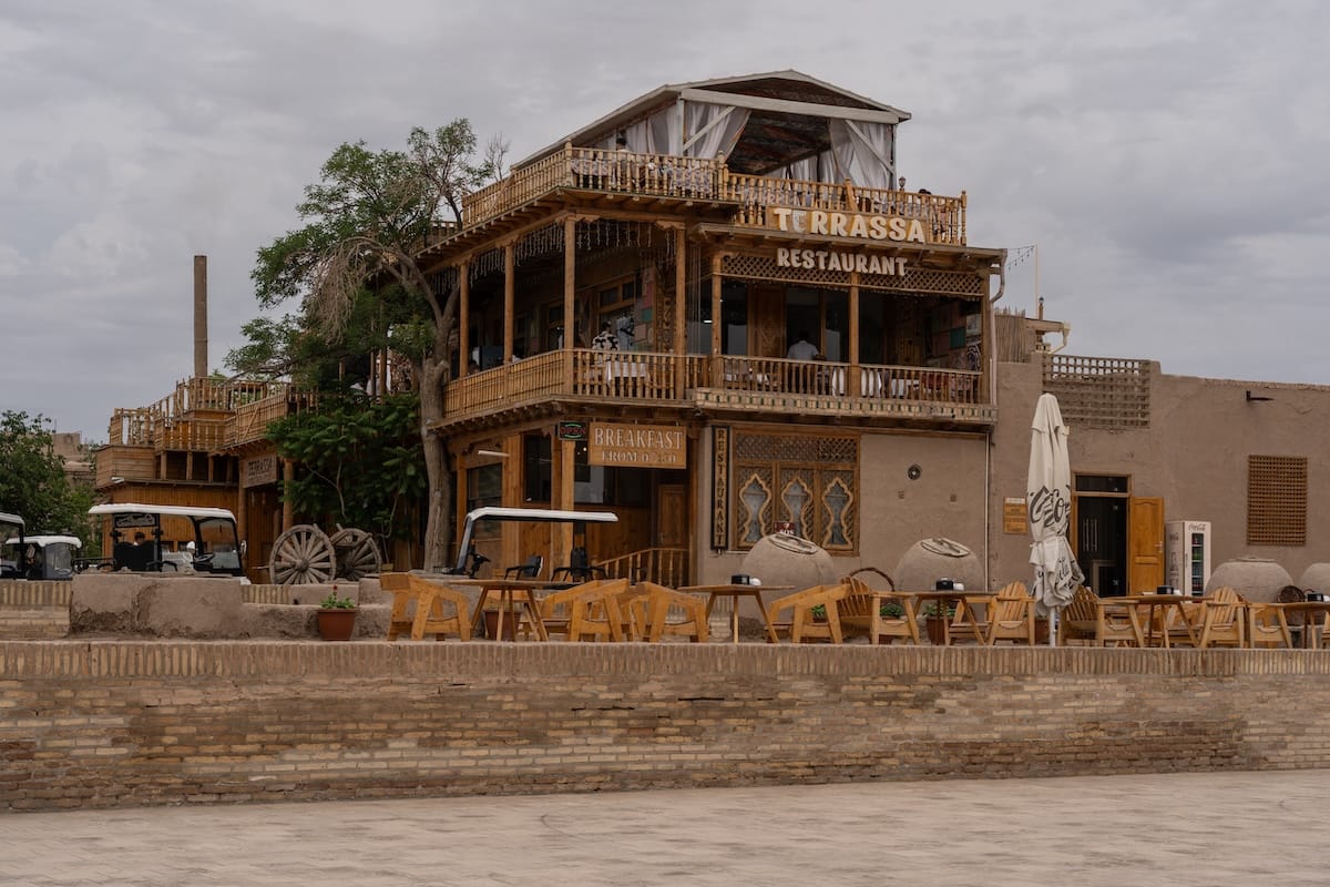 a restaurant with multiple floors in uzbekistan