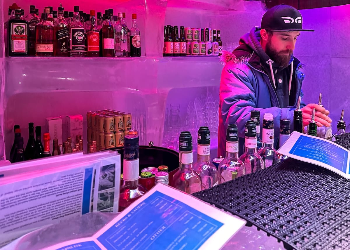 a bartender serving drinks inside an ice bar in reykjavik