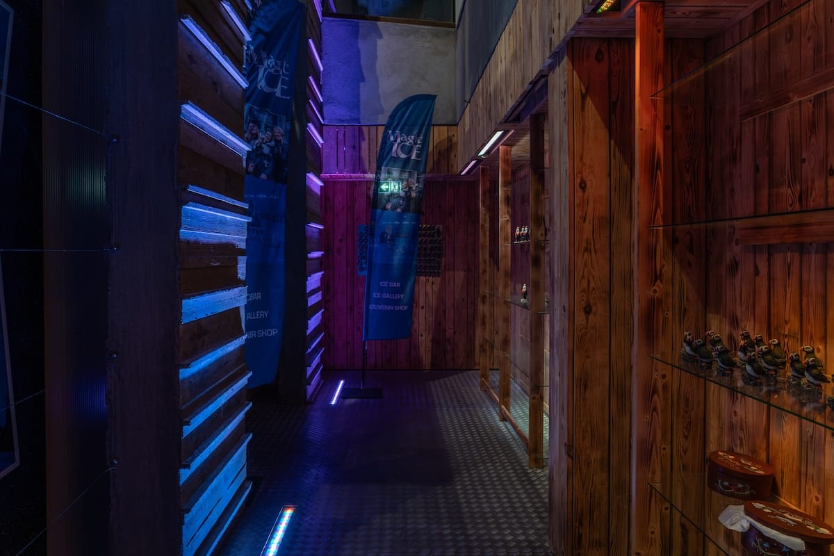 the dark entry way to an ice bar in iceland