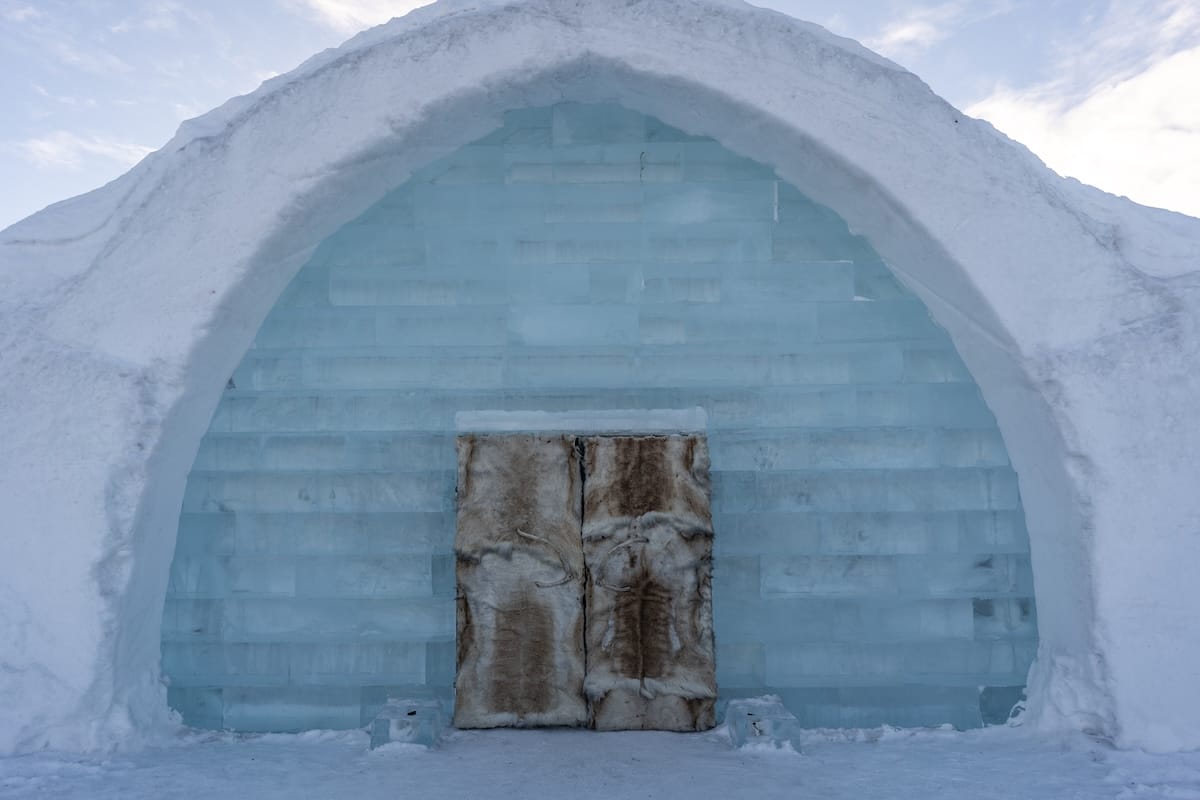 An entrance to an Ice hotel in Sweden