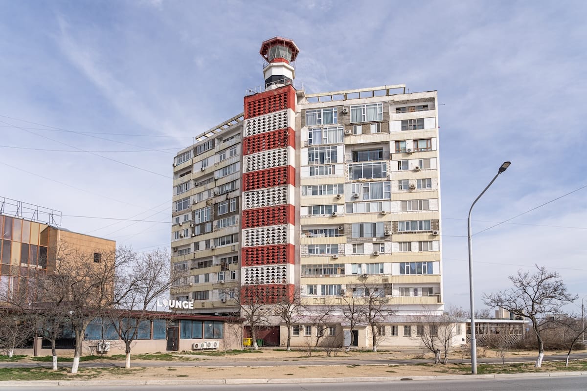 an old lighthouse built into an old soviet building in kazakhstan