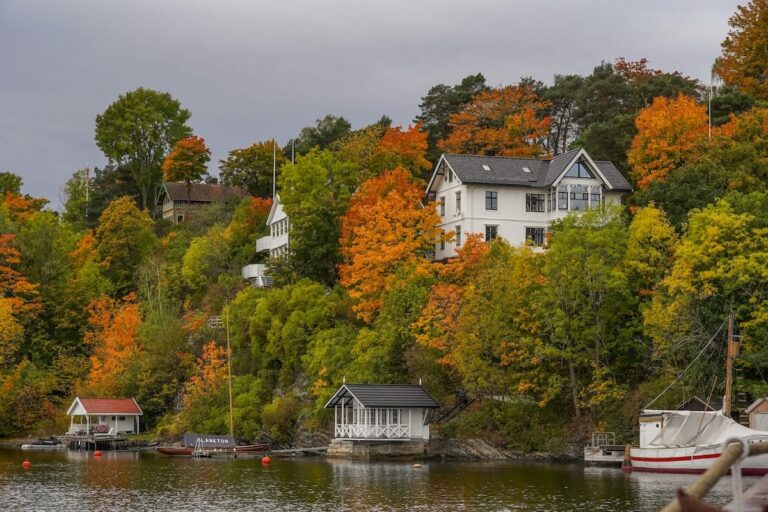 fall foliage on an island in norway from a boat Oslo in autumn travel guide