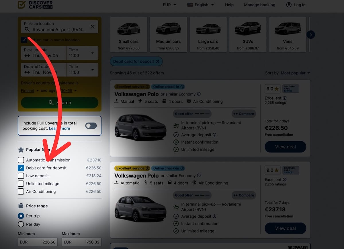 a screenshot of a website showing that you can rent a car with a debit card instead of a credit card