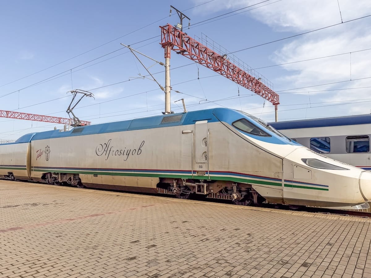 Afrosiyob train at Bukhara station (a fast train parked on a platform)