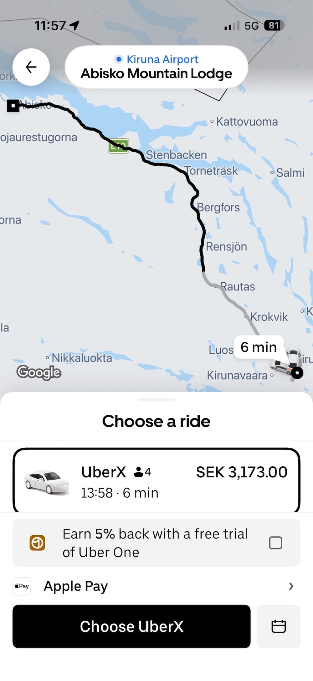 a screenshot from Uber with prices from Kiruna Airport to Abisko