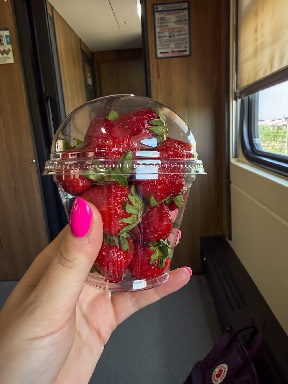 Hand with bright pink nails holding a clear plastic cup of fresh strawberries inside a train corridor, with wood-paneled walls and a window showing green fields outside.
