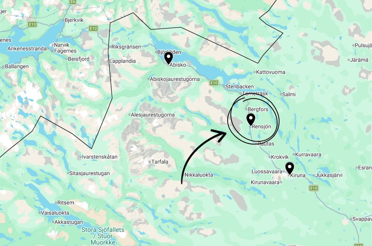 a screenshot of a map showing where Rensjön is compared to Abisko and Kiruna