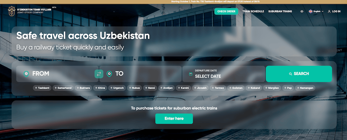 Screenshot of the O'zbekiston Temir Yo'llari (Uzbekistan Railways) ticket booking website, headed "Safe travel across Uzbekistan," with From, To and Departure Date fields, a Search button, and quick links for cities including Tashkent, Samarkand, Bukhara and Khiva.