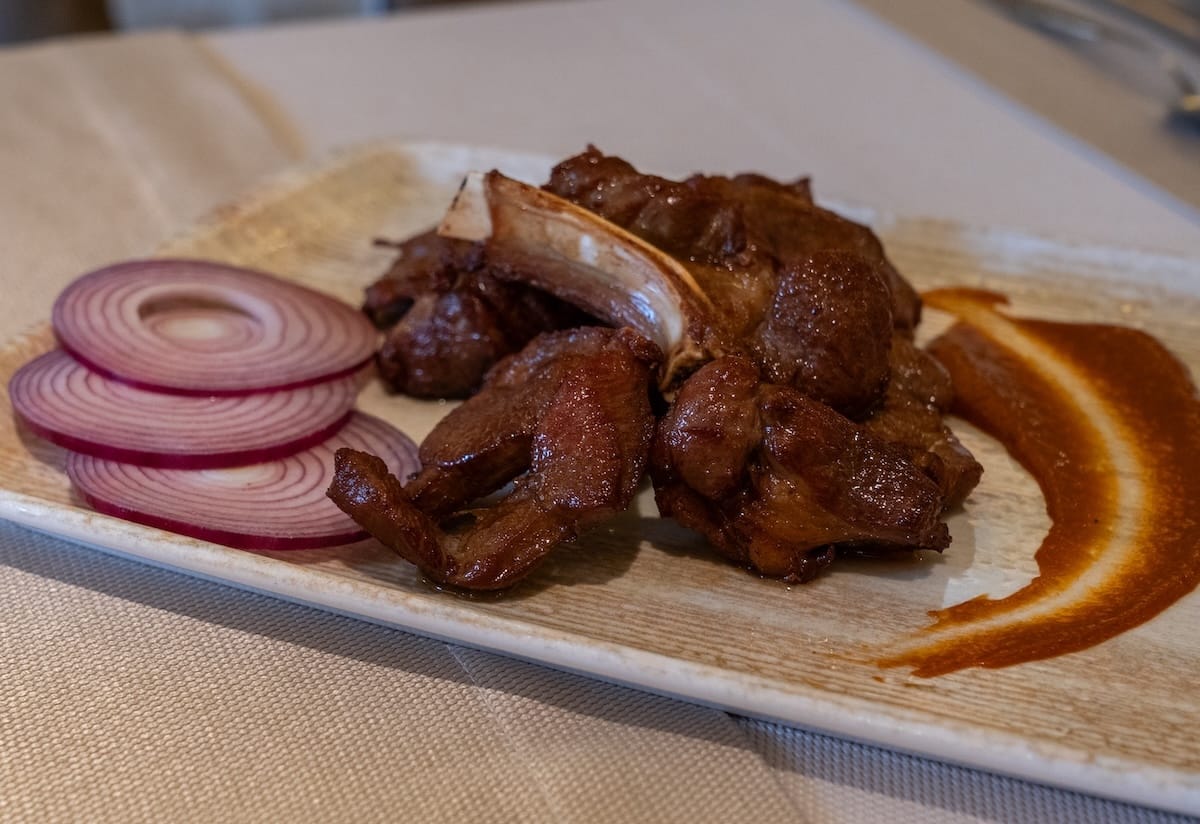 Plated vaguri (grilled lamb ribs) with red onion and sauce at Joy Chaikhana Lounge in Bukhara, Uzbekistan