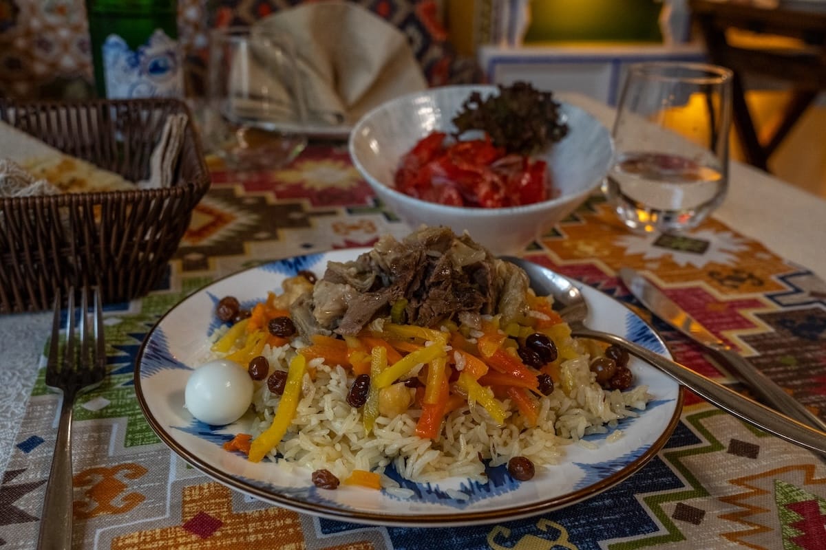 Plov at a restaurant in Bukhara, Uzbekistan on a table